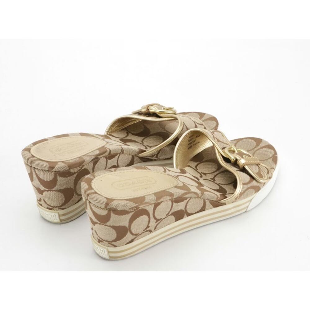 Coach Perry Signature Monogram Wedge Sandals – Gold & Khaki Canvas - Picture 3 of 10